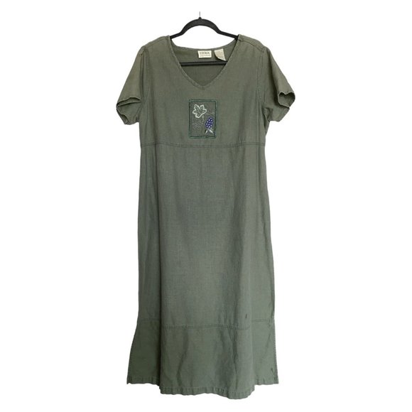 Vtg 90s Erika Collection Olive Linen Cotton Blend Jumper Dress Large Embroidere - Picture 1 of 5